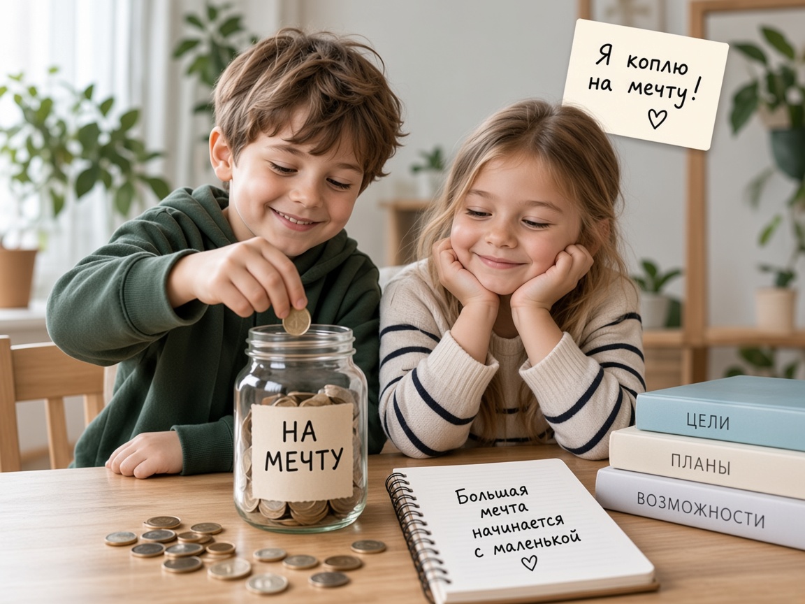 Дети копят монеты в банку на мечту