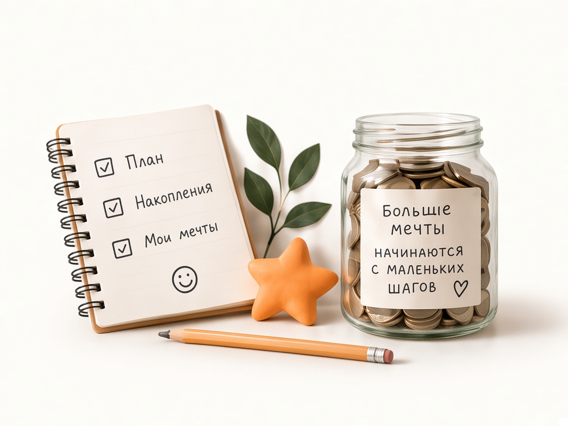 Банка накоплений, блокнот с планом и карандаш